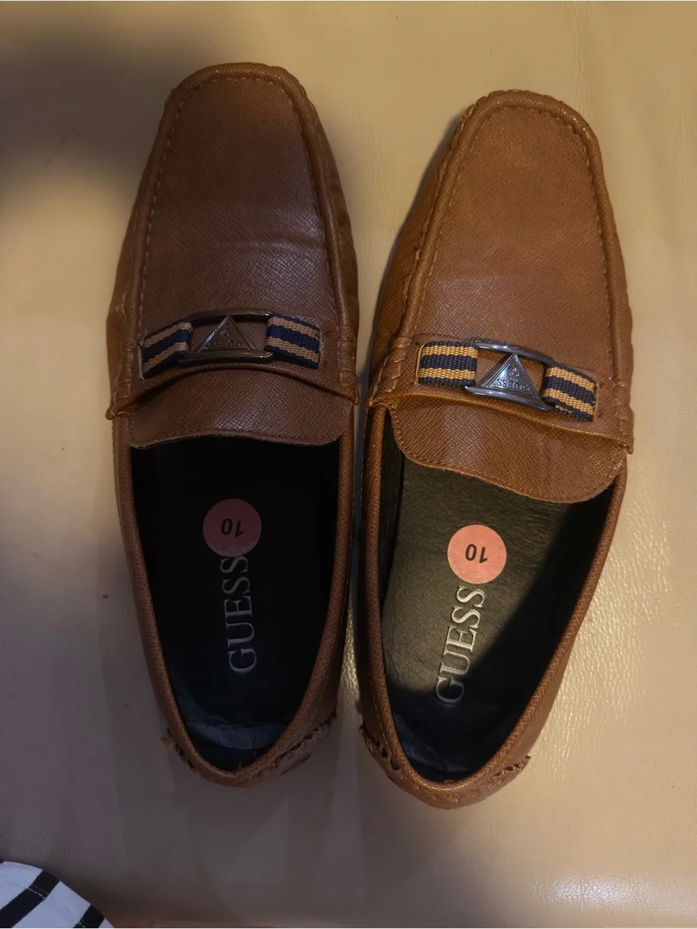 GUESS Brown Leather Slip-On Loafers with Navy Stripe Detail